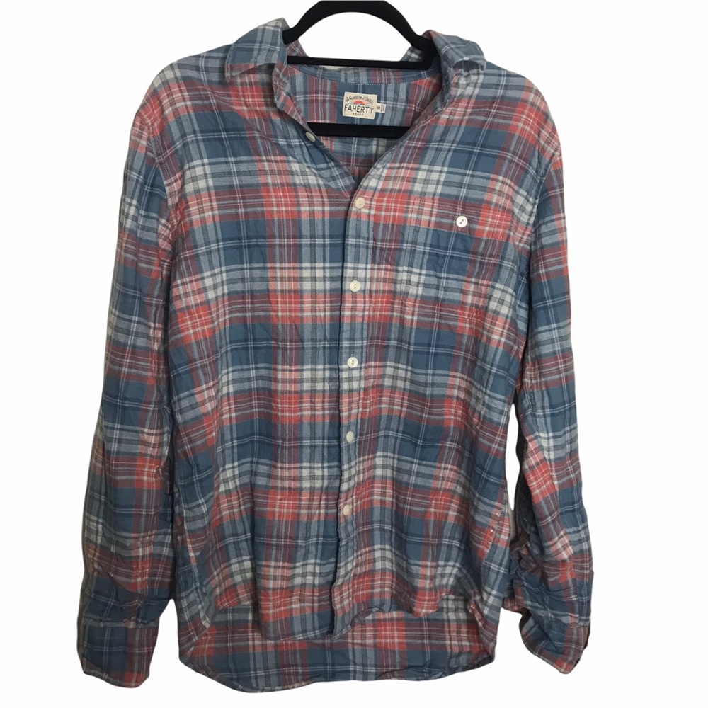 Faherty Brand Blue Plaid Flannel Button Down Shirt Size Medium